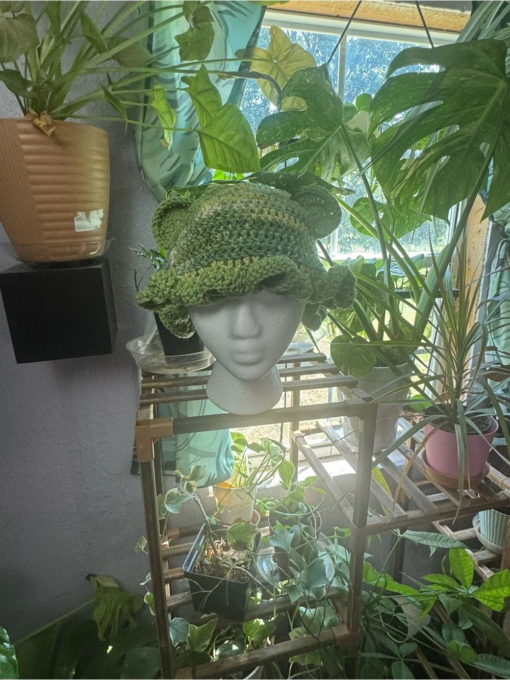 Handmade Crocheted Green Ruffled Brim Hat